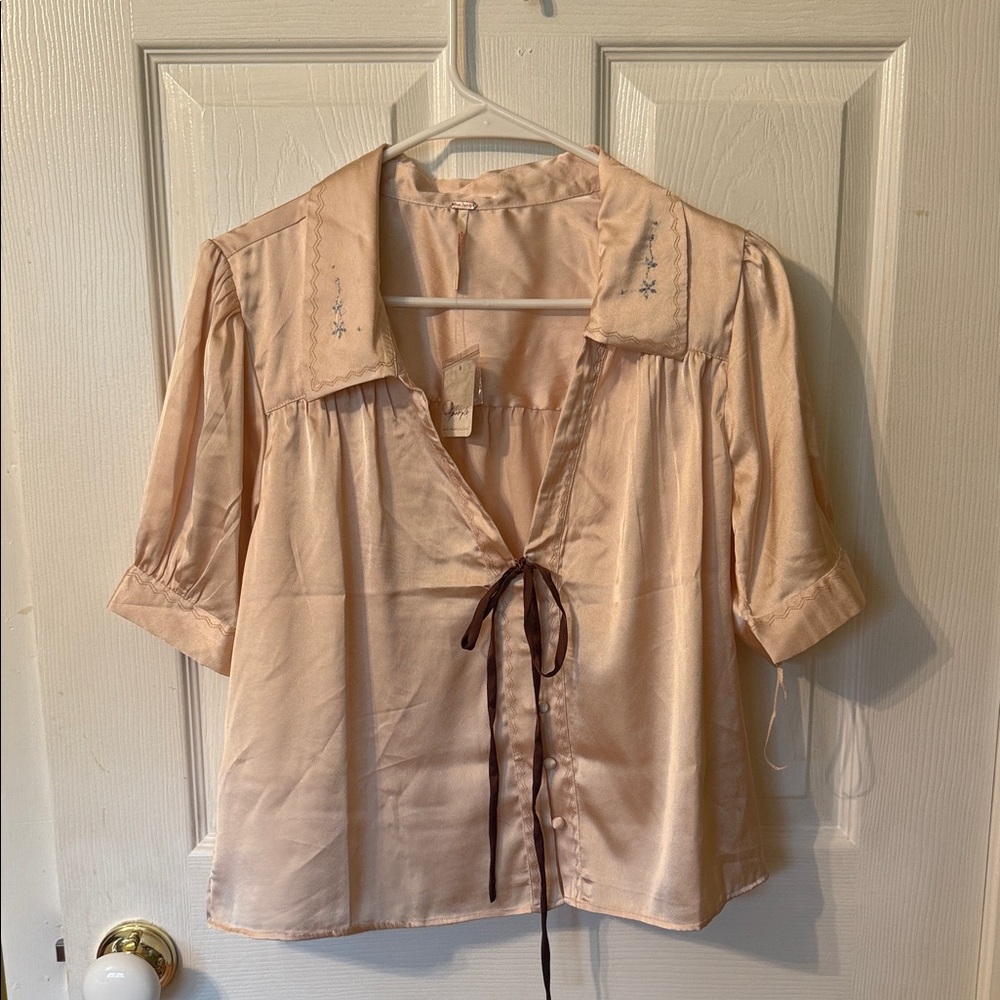 Free People Beige Blouse with Dark Ribbon